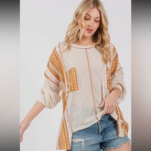 NWOT Ces Femme Boho Contrast Boho Round Neck Sweater